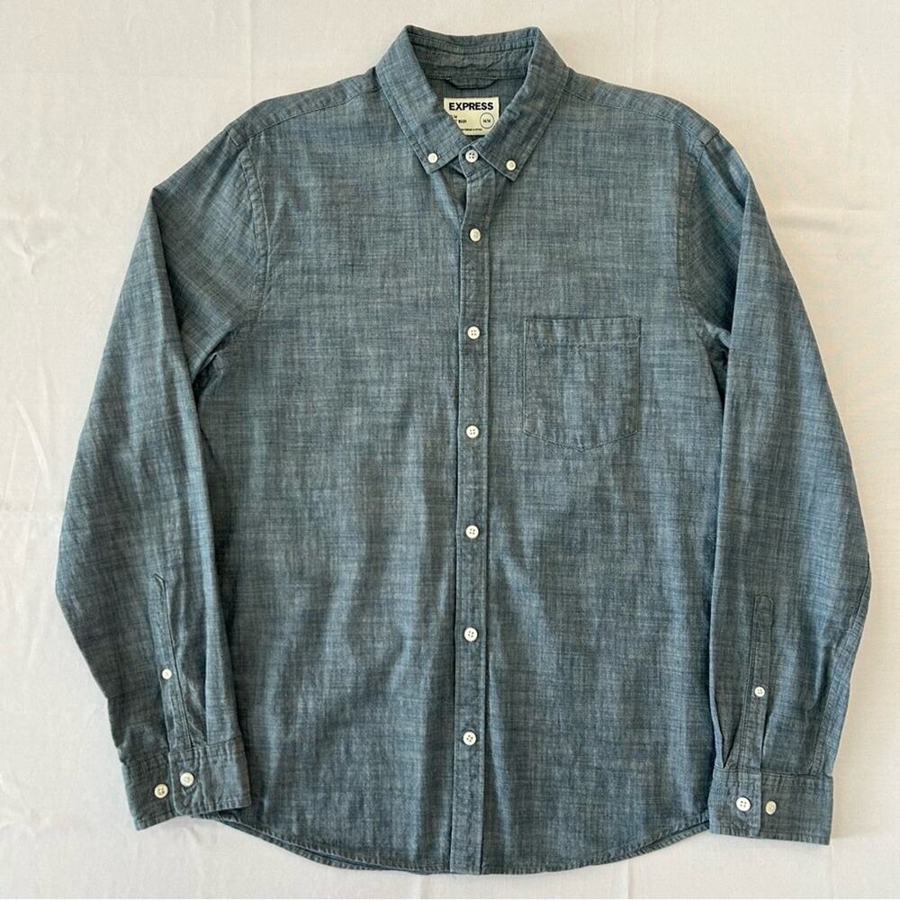 Express Slim Soft Wash 100% Cotton Button Down Shirt Blue Medium